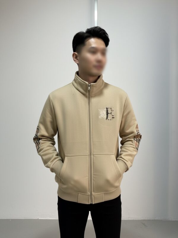 Men's Stylish Beige Zip-Up Jacket | Premium Cotton Fleece | Burberrys Pattern Elbow Patch | Trendy Winter Wear | Casual Bomber Zipper