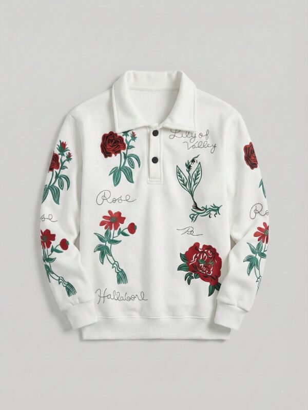 Premium White Floral DTF Polo Neck Sweatshirt | Rose & Lily Edition