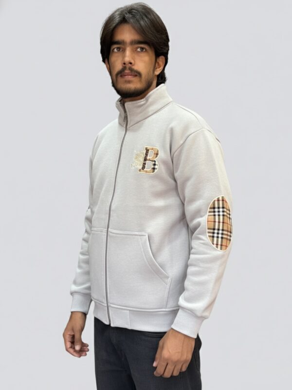 Men's Stylish Warm Grey Zip-Up Jacket | Premium Cotton Fleece | Burberrys Pattern Elbow Patch | Trendy Winter Wear | Casual Bomber Jacket