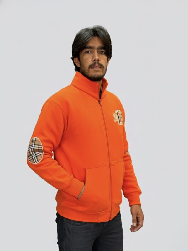 Men's Stylish Orange Zip-Up Jacket | Premium Cotton Fleece | Burberrys Pattern Elbow Patch | Trendy Winter Wear | Casual Bomber Zipper