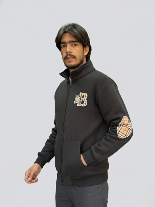 Men's Stylish Black Zip-Up Jacket | Premium Cotton Fleece | Burberrys Pattern Elbow Patch | Trendy Winter Wear | Casual Bomber Zipper