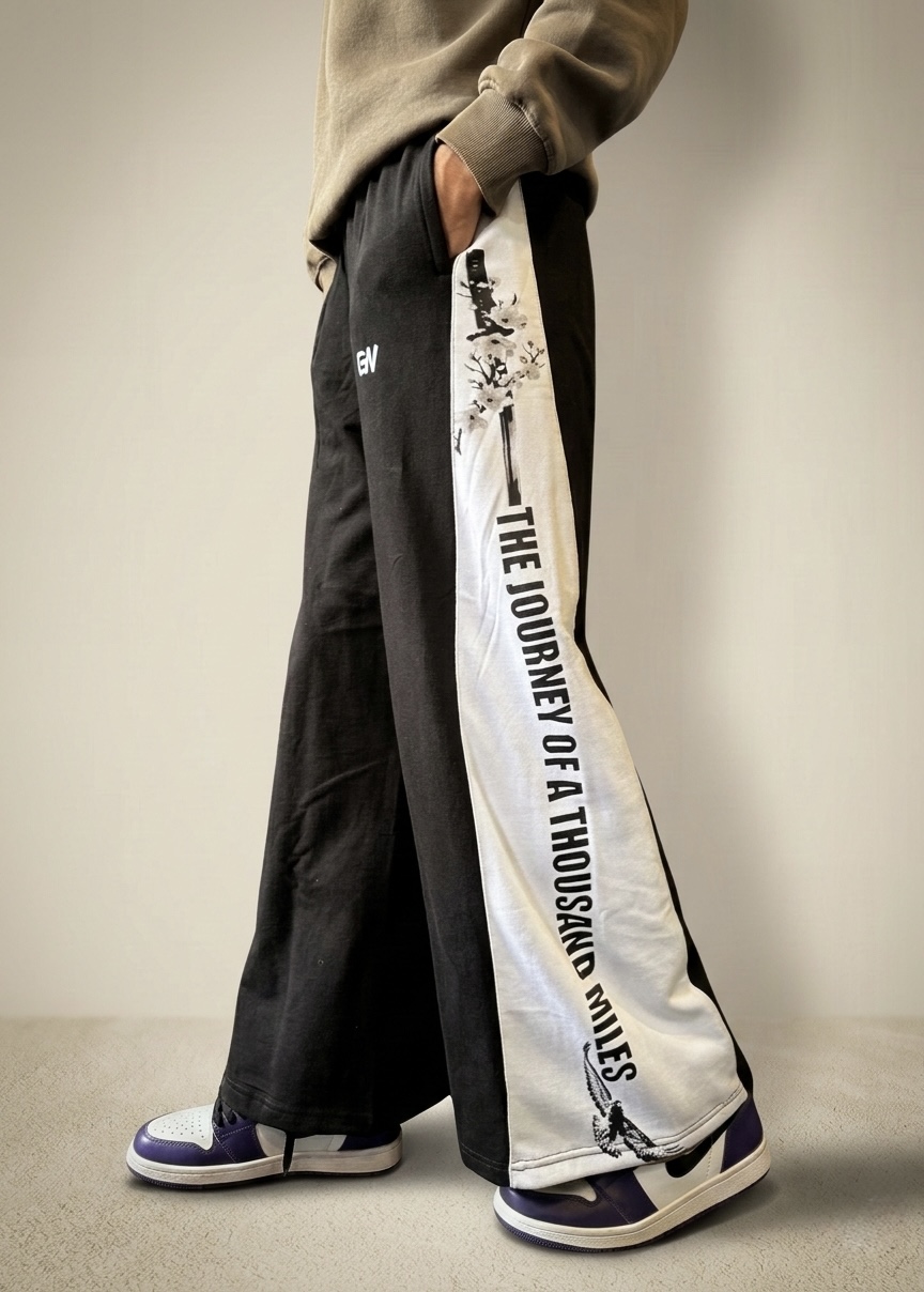 Grinkrawear "Journey of a Thousand Miles" Wide-Leg Graphic Track Pants - Black/White