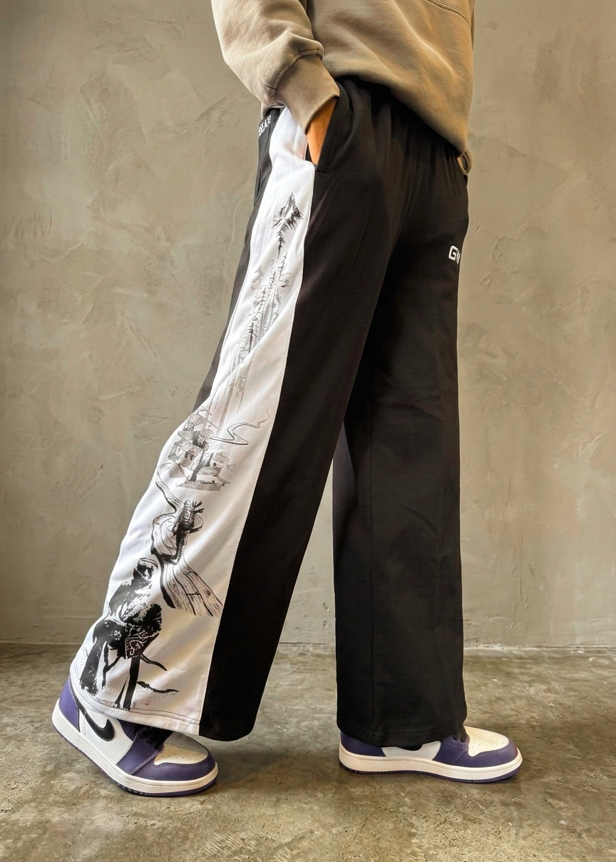 Grinkrawear "Journey of a Thousand Miles" Wide-Leg Graphic Track Pants - Black/White - Image 2
