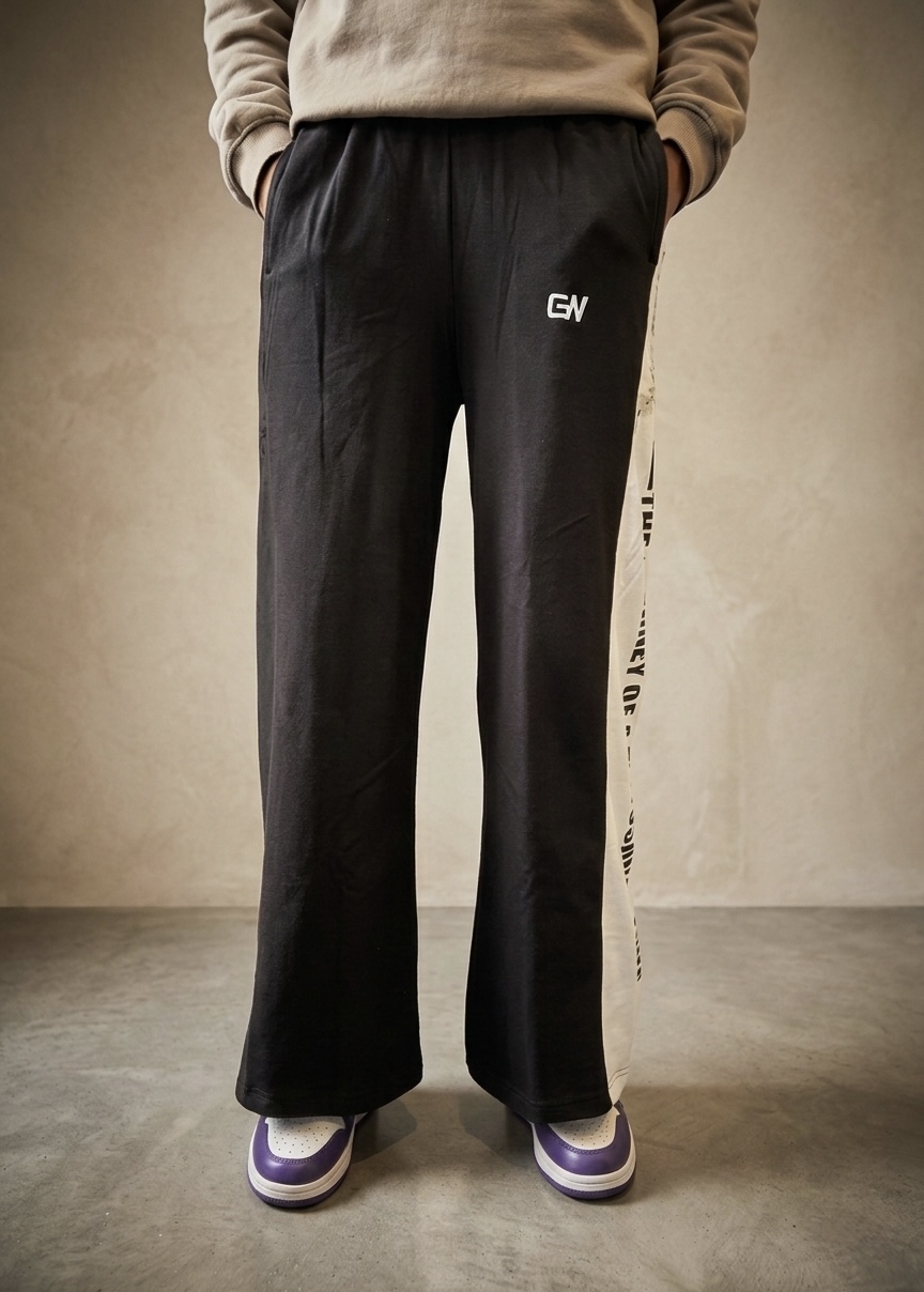 Grinkrawear "Journey of a Thousand Miles" Wide-Leg Graphic Track Pants - Black/White - Image 3